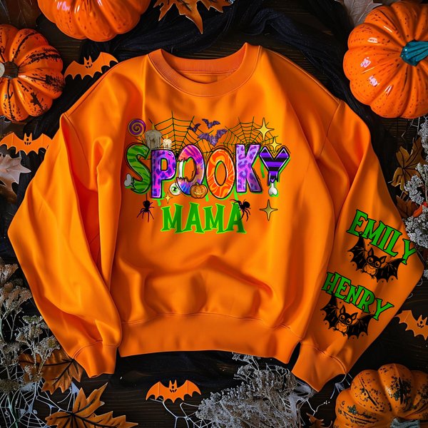 Personalised Cute Halloween Spider Bat Spooky MAMA Soft Sweatshirt with 1-6 Names and Title Birthday Holiday Halloween Gift for Mom Grandma