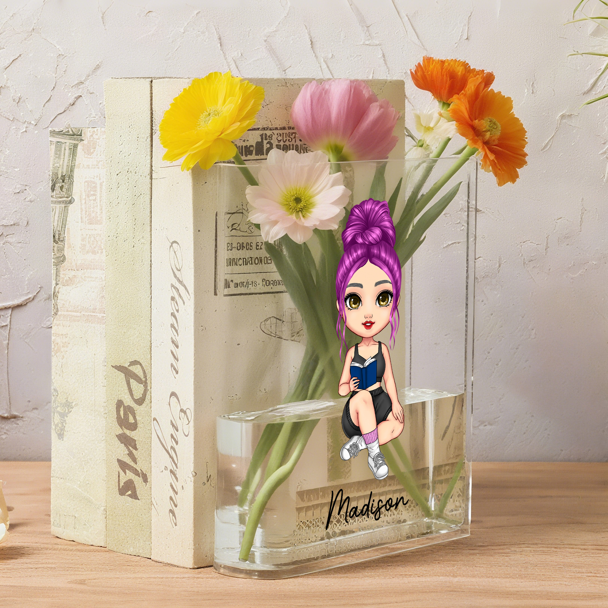Vase serre-livres transparent personnalisé avec nom Décoration de chambre esthétique Cadeau d'anniversaire pour les femmes aimant les livres
