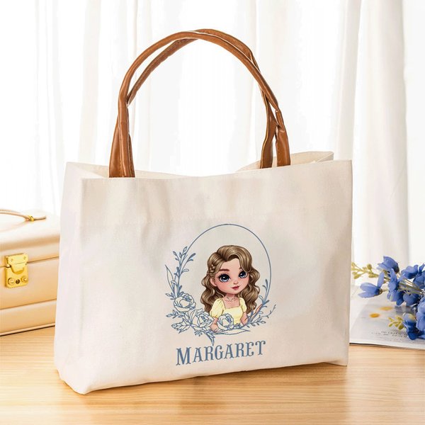 Personalised Retro Cartoon Character Birth Flower Large Capacity Canvas Tote Bag with Name Birthday Wedding Mother's Day Gift for Her