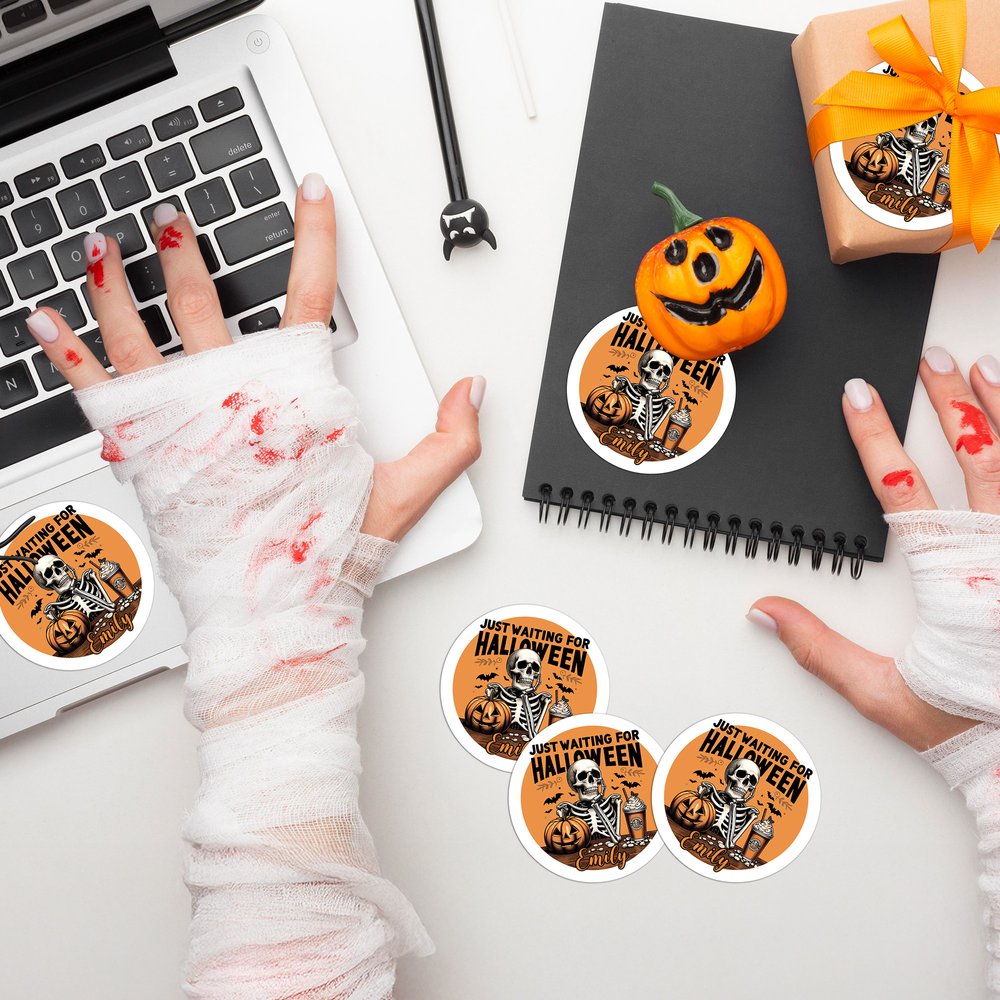 Personalizzato Aspettando Halloween Uomo Scheletro Adesivi impermeabili con nome