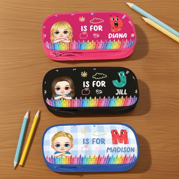 Personalized Cartoon Kid Childlike Doodles Double Layer Pencil Case with Name Initial School Supplies Back to School Birthday Gift for Boys Girls