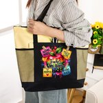 Personalized Teacher Theme Apple Teach Love Oxford Tote Bag with Name and Mesh Pocket Birthday Teacher's Day Gift for Women Teachers