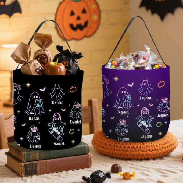 Personalised Fluorescent Ghost Trick or Treat Bag Sweets Bucket with Name Halloween Party Favors Gift for Boys Girls