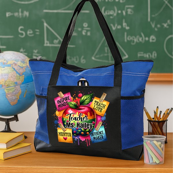 Personalized Teacher Theme Apple Teach Love Oxford Tote Bag with Name and Mesh Pocket Birthday Teacher's Day Gift for Women Teachers