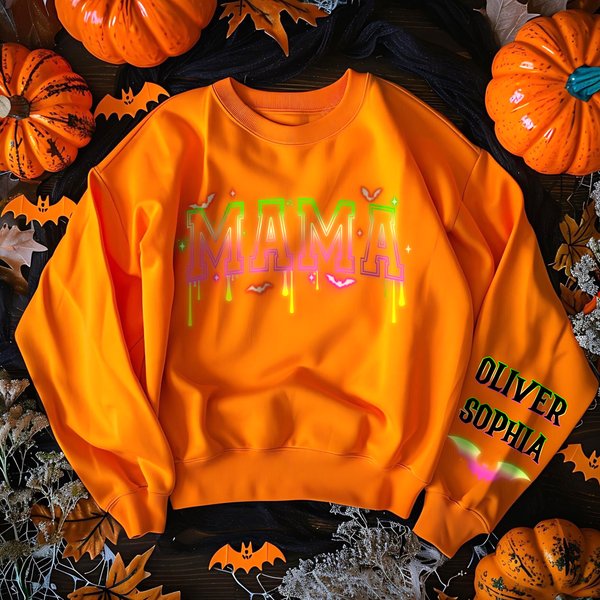 Personalised Neon Effect Bat Star Element Sweatshirt with Title and 1-6 Names Multicolor Available Halloween Costume Holiday Gift for Mom Grandma