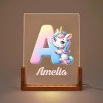 Luz de Noche LED Acrílica Personalizada Unicornio Fantasía con Nombre y Base de Madera Decoración de Guardería Regalo de Cumpleaños para Niños