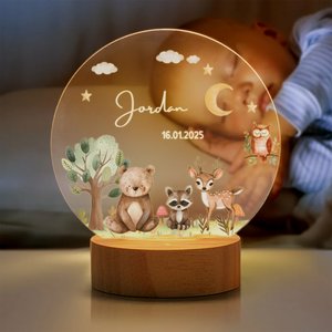 Personalised Cute Forest Animal Cloud Moon Star Acrylic LED Night Light with Wooden Base Name and Text Nursery Decor Birthday Gift for Boys Girls
