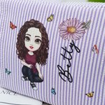 Personalized Birth Flower Cartoon Character Multicolor Stripes Makeup Bag with Name and Zipper Travel Essentials Birthday Gift for Women