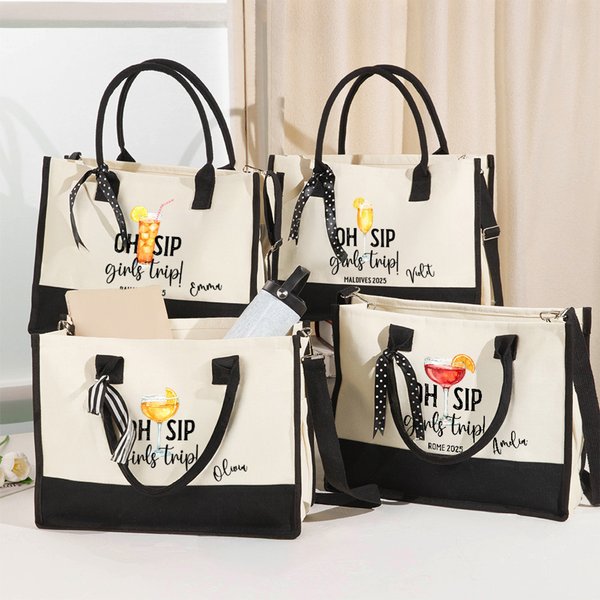 Personalizada Oh Sip Girls Trip Drinks Bolsa grande de lona Tote con nombre y correa para el hombro Viajes Uso diario Vacaciones Regalo para mujeres Niñas
