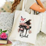 Personalized Birth Flower Piano Reusable Canvas Bag with Name Annual Anniversary Birthday Gift for Women Music Lovers