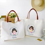 Personalised Retro Cartoon Character Birth Flower Large Capacity Canvas Tote Bag with Name Birthday Wedding Mother's Day Gift for Her