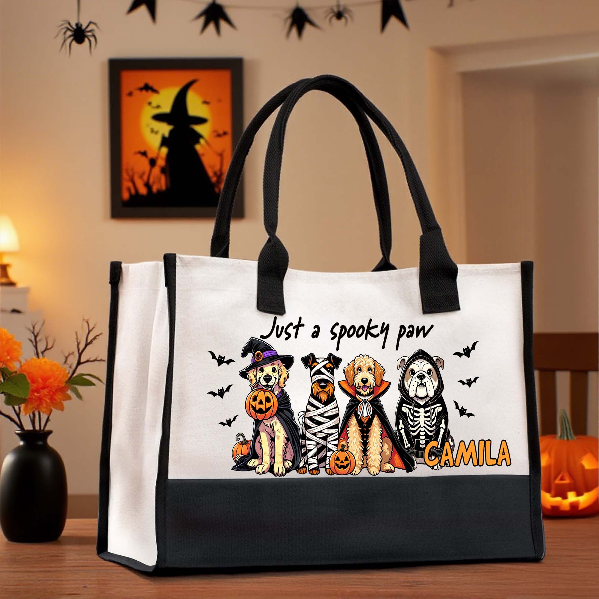 Personalizzata Just A Spooky Paw Cute Dog Cat Design Large Canvas Tote Bag with Name Trick or Treat Halloween Gift for Friends Pet Lovers (Regalo di H