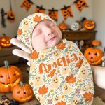 Personalized Pumpkin Flower 100% Cotton Swaddle and Knot Hat Set with Name First Halloween Baby Shower Birthday Gift for Baby Newborns