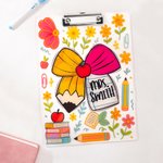 Personalised Floral Pencil Bow Acrylic A4 Clipboard with Text School Supplies Back to School Appreciation Gift for Teachers