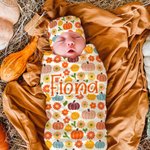 Personalized Pumpkin Flower 100% Cotton Swaddle and Knot Hat Set with Name First Halloween Baby Shower Birthday Gift for Baby Newborns