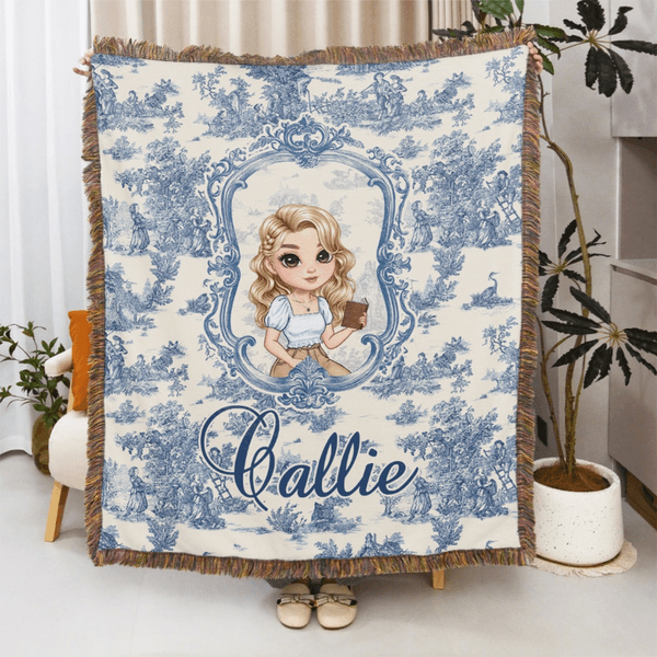 Personalized Toile De Jouy Cartoon Character Tassel Soft Throw Blanket with Name Wedding Birthday Anniversary Gift for Women Girls