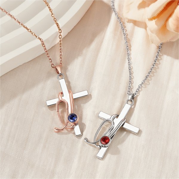 Personalised Birthstone Stethoscope Cross Necklace Religious Jewellery Birthday Gift for Christian Women Nurses Doctors