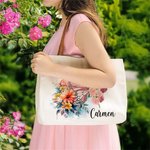Bolso de lona personalizada con diseño de flor de nacimiento y mariposa con nombre ideal regalo de cumpleaños o aniversario para mujeres