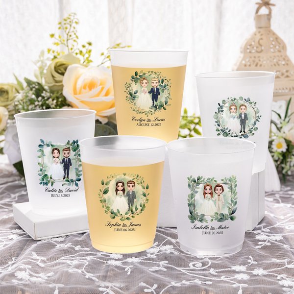 Personalised Cartoon Bride and Groom Wreath Frosted Food-Grade Plastic Cup with Name and Date Set of 10 Wedding Anniversary Gift for Newlyweds