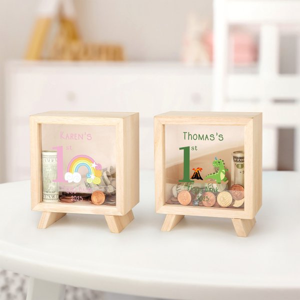 Personalizzato Carino Dinosauro Fantasia Unicorno Cartoon Animali Salvadanaio in legno con nome e anno Ritorno a scuola Regalo di compleanno per bambini