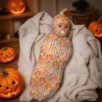 Personalized Pumpkin Flower 100% Cotton Swaddle and Knot Hat Set with Name First Halloween Baby Shower Birthday Gift for Baby Newborns