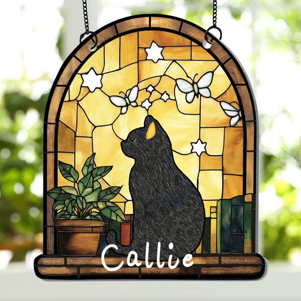 Personalized Stained Glass Style Black Cat Acrylic Ornament Window Balcony Decor Birthday Gift for Friend Family Pet Lover