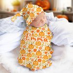 Personalized Pumpkin Flower 100% Cotton Swaddle and Knot Hat Set with Name First Halloween Baby Shower Birthday Gift for Baby Newborns