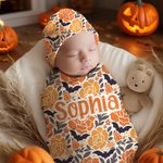 Personalized Pumpkin Flower 100% Cotton Swaddle and Knot Hat Set with Name First Halloween Baby Shower Birthday Gift for Baby Newborns