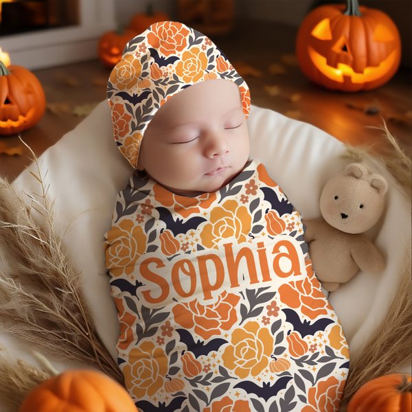 Personalisierte Kürbis Blume 100% Baumwolle Swaddle und Knoten Hut Set mit Namen ersten Halloween Baby Dusche Geburtstag Geschenk für Baby Neugeborene