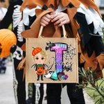 Personalized Cute Cartoon Witch Vampire Skeleton Jute Tote Bag with Name and Initial Trick or Treat Halloween Party Spooky Season Gift for Boys Girls