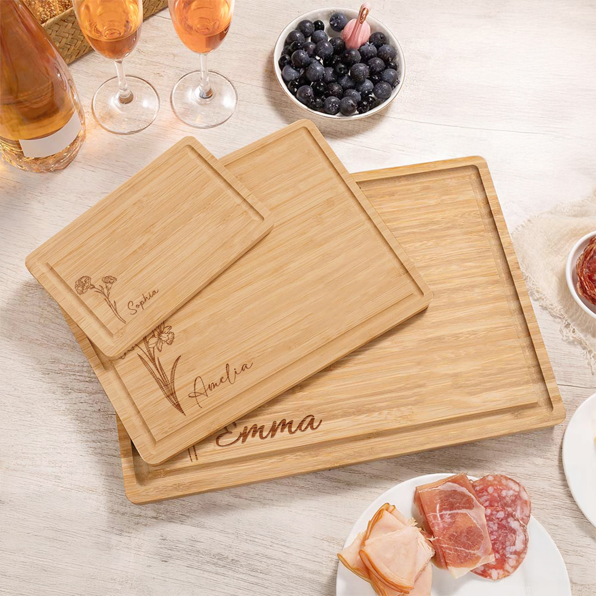 Planche à découper pour charcuterie en bambou FSC avec rainure pour le jus de fruit Cadeau d'anniversaire de Thanksgiving pour la famille