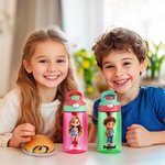 Botella personalizada de 475 ml con personaje de dibujo animado y nombre pajita de silicona y tapa regalo de cumpleaños o vuelta al cole para niños