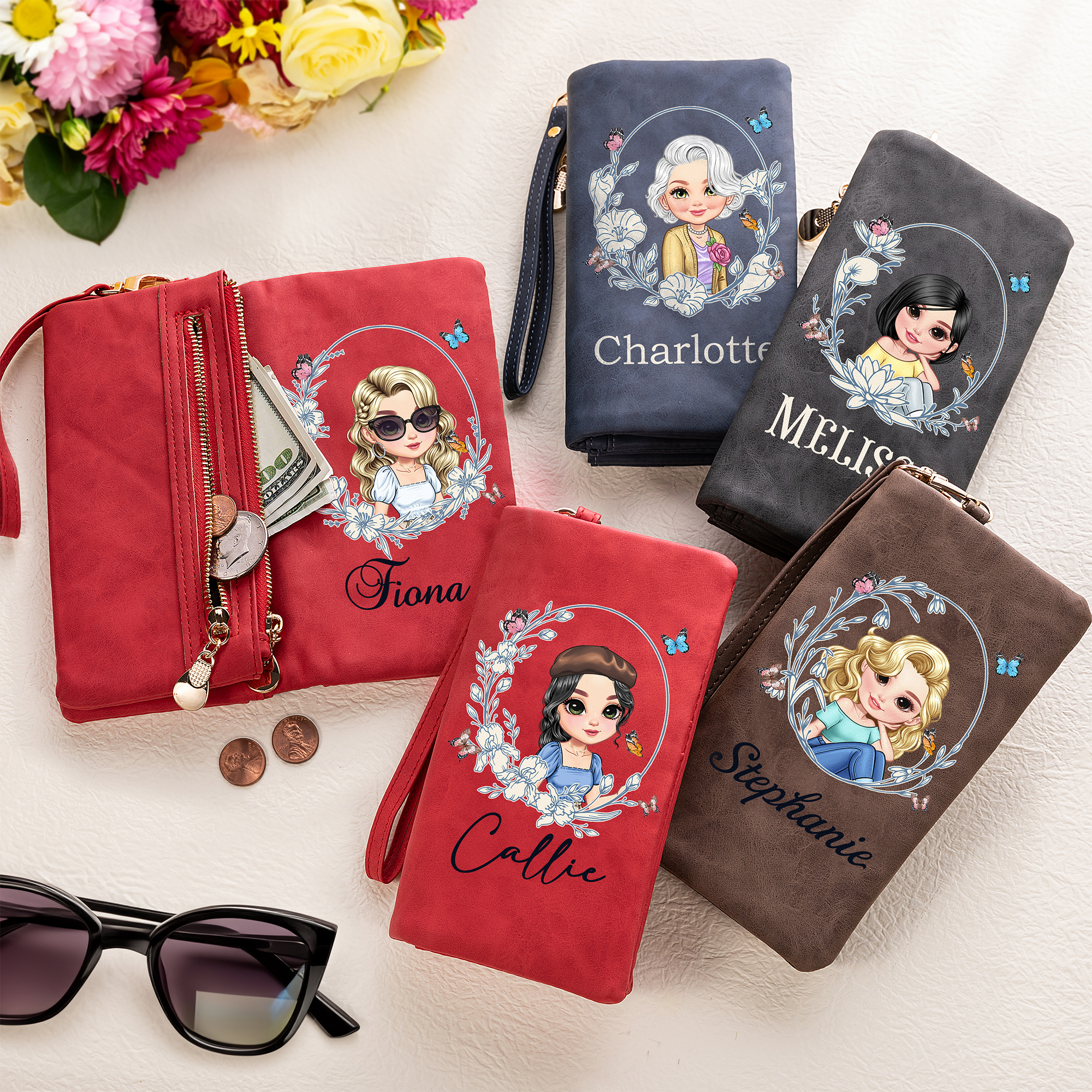 Portefeuille en cuir PU personnalisé avec nom personnage et fleur de naissance - Cadeau de mariage anniversaire Saint-Valentin pour les femmes