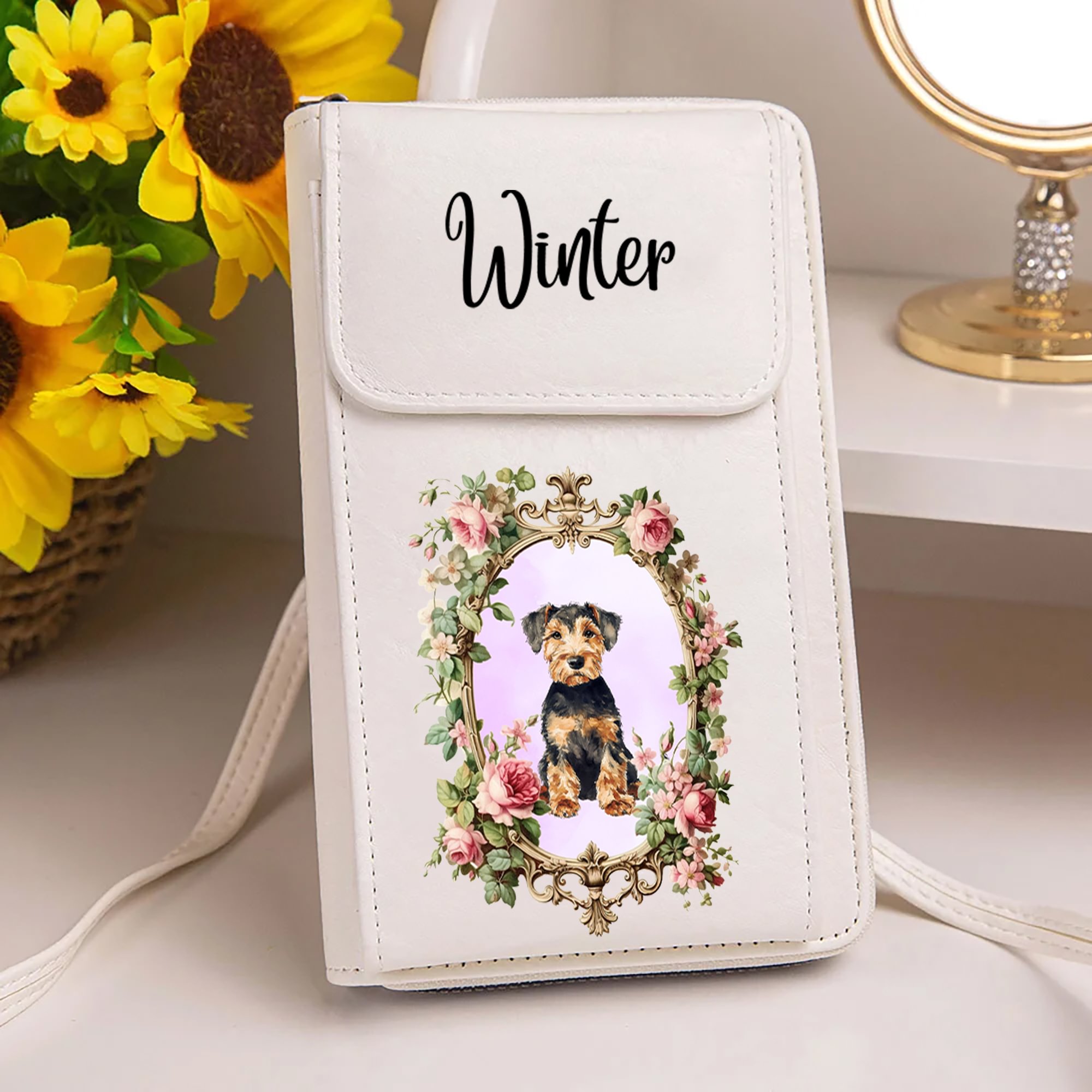 Portefeuille en Cuir PU Personnalisé avec Nom Motif d'Animal Domestique et Cadre Floral Cadeau d'Anniversaire pour Amoureux Animaux de Compagnie
