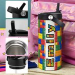 Personalized Colorful Building Block Name Insulated Water Bottle with Folding Straw and Handle Birthday Back to School Gift for Kids