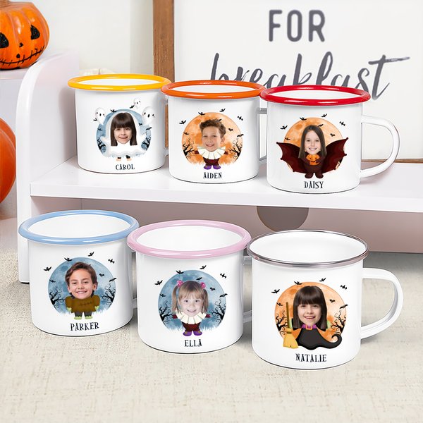 Personalized Face Photo Halloween Costume 12 oz Colorful Rim Enamel Mug with Name Party Daily Use Halloween Holiday Gift for Boys Girls