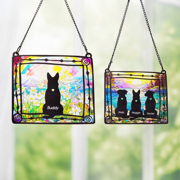 Personlig farget glass stil hund silhuett design vindu hengende solfanger ornament med navn sympati minnegave for hundeelskere eier