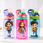 Botella personalizada de 475 ml con personaje de dibujo animado y nombre pajita de silicona y tapa regalo de cumpleaños o vuelta al cole para niños