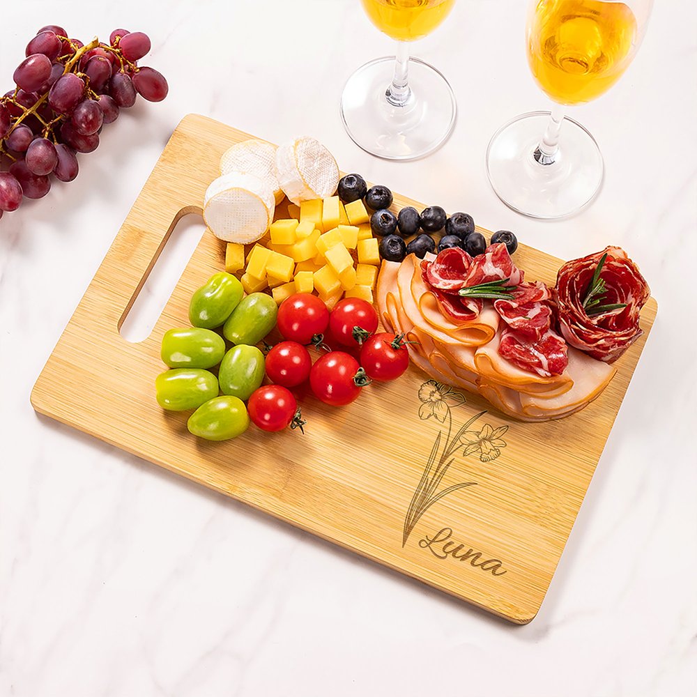 Personalized Engraved Line Birth Flower Bamboo Charcuterie Cutting Board with Handle Housewarming Thanksgiving Gift for Cooking Lover Family Friends