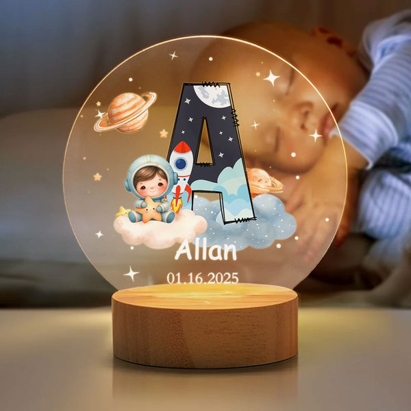 Personalized Astronaut Planet Cloud Rocket Star Initial Acrylic LED Night Light with Name and Wooden Base Birthday Baby Shower Gift for Kids Mothers