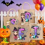 Personalized Cute Cartoon Witch Vampire Skeleton Jute Tote Bag with Name and Initial Trick or Treat Halloween Party Spooky Season Gift for Boys Girls