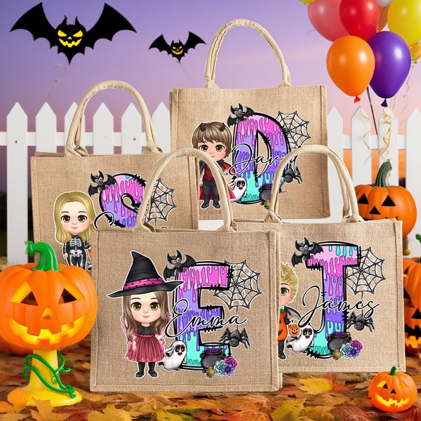 Personalised Cute Cartoon Witch Vampire Skelten Jute Tote Bag with Name and Initial Trick or Treat Halloween Party Spooky Season Gift for Boys Girls