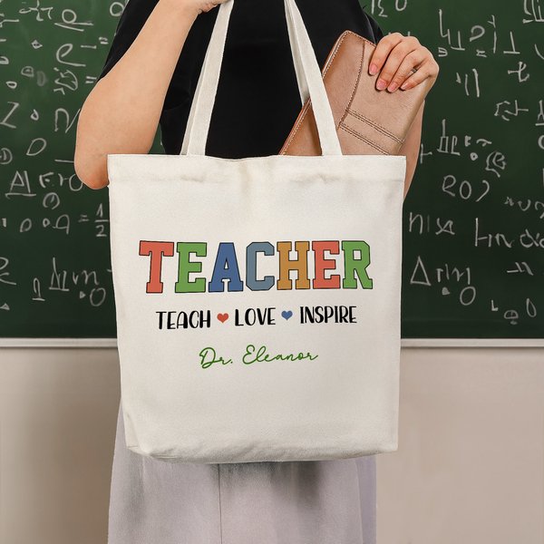 Personalized Teach Love Inspire Large Capacity Canvas Tote Bag with Text Teacher's Day Appreciation Back to School Gift for Teachers