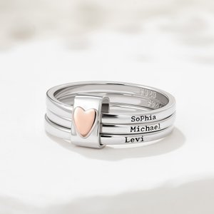 Personalised Sterling Silver Heart Women Stacking Rings with Engraved 2-5 Names Family Jewellery Mother's Day Birthday Gift for Mom Grandma