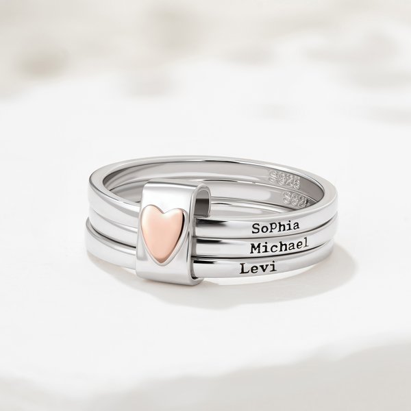 Sterling Silver Engraved Names Stacking Rings with Heart
