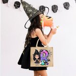Personalized Cute Cartoon Witch Vampire Skeleton Jute Tote Bag with Name and Initial Trick or Treat Halloween Party Spooky Season Gift for Boys Girls