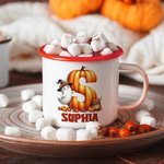 Mug en émail coloré avec nom Halloween Fantôme Citrouille Initiale Enfant 12 oz Halloween Anniversaire Retour à l'école Cadeau pour Garçons Filles