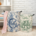 Personalized Retro French Toile De Jouy Style Waterproof Laundry Storage Basket with Handle Birthday Housewarming Gift for Newlyweds Couple