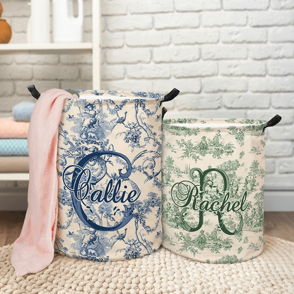 Personalized Retro French Toile De Jouy Style Waterproof Laundry Storage Basket with Handle Birthday Housewarming Gift for Newlyweds Couple
