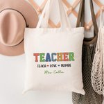 Personalized Teach Love Inspire Large Capacity Canvas Tote Bag with Text Teacher's Day Appreciation Back to School Gift for Teachers